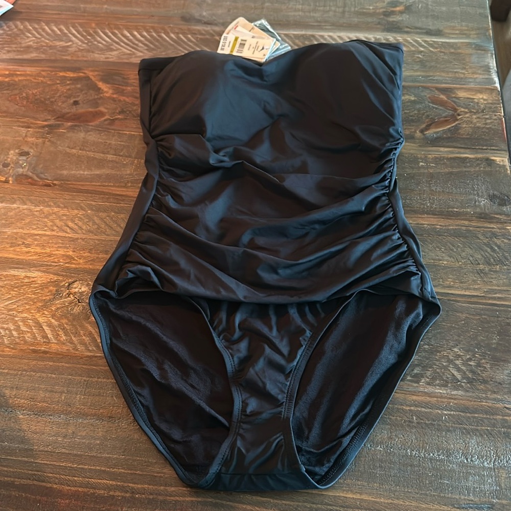 Tommy Bahama pearl shirred bandeau one piece BLACK 14 NWT